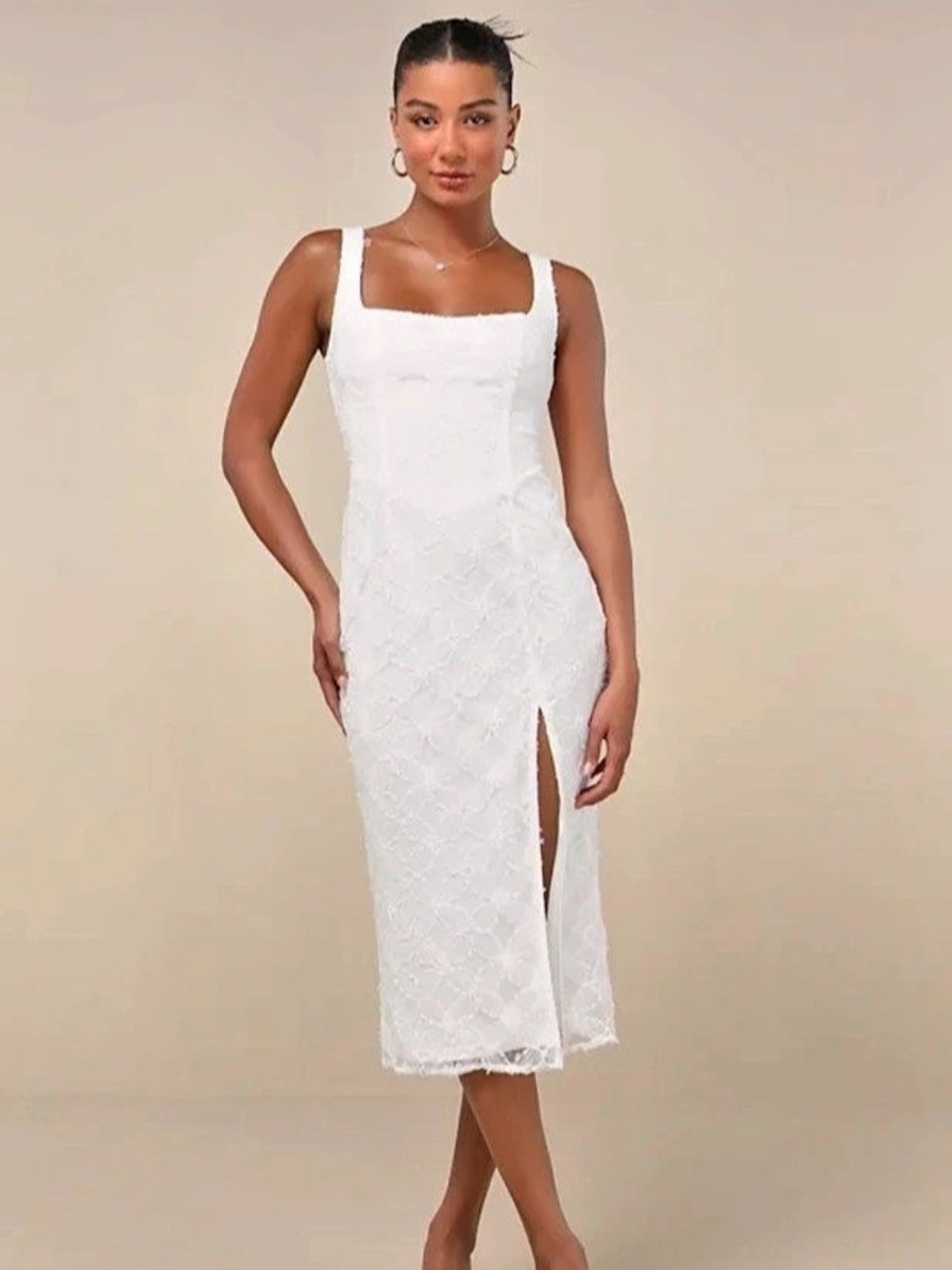 NWT Lulus Kalani White Mesh Textured Midi Dress Floral White Size Medium